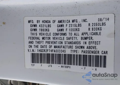 2015 Honda Accord Ex z USA, uszkodzony, nr VIN 1HGCR2F74FA003345